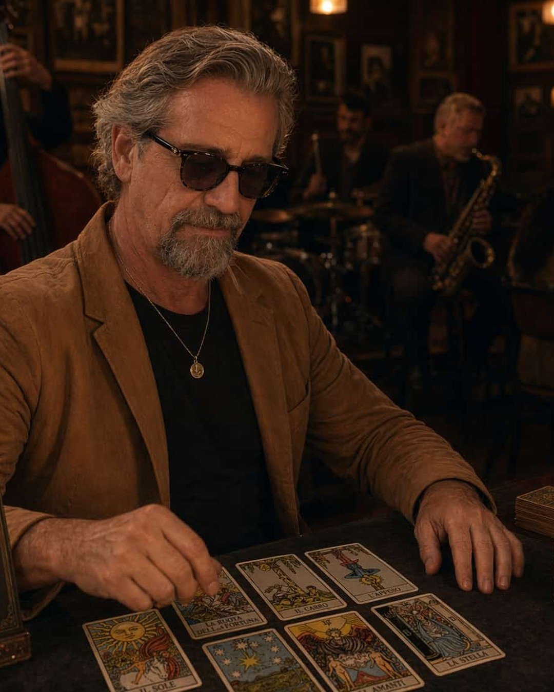 Dario Nencini seduto a un tavolo con le carte dei tarocchi disposte davanti, in un locale con musicisti alle spalle